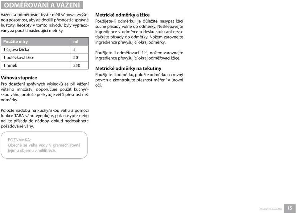 větší přesnost než odměrky. Metrické odměrky a lžíce Použijete-li odměrku, je důležité nasypat lžící suché přísady volně do odměrky.