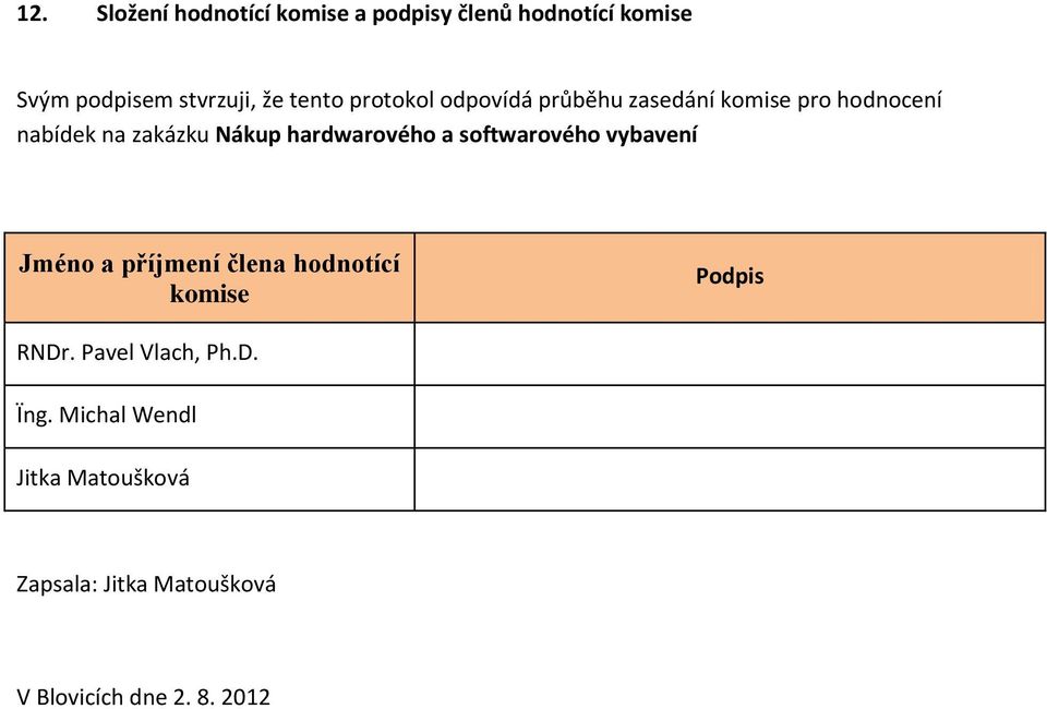 hardwarového a softwarového vybavení Jméno a příjmení člena hodnotící komise Podpis RNDr.