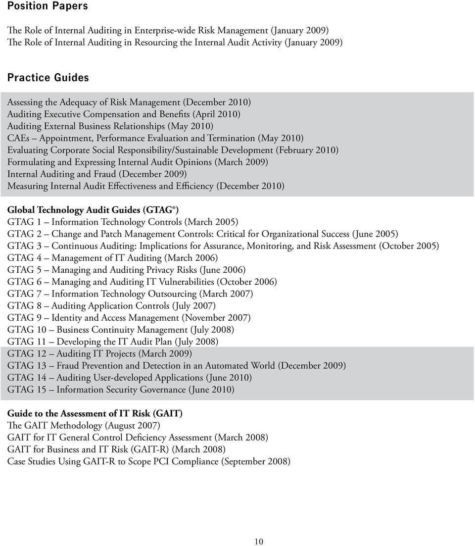 Evaluation and Termination (May 2010) Evaluating Corporate Social Responsibility/Sustainable Development (February 2010) Formulating and Expressing Internal Audit Opinions (March 2009) Internal