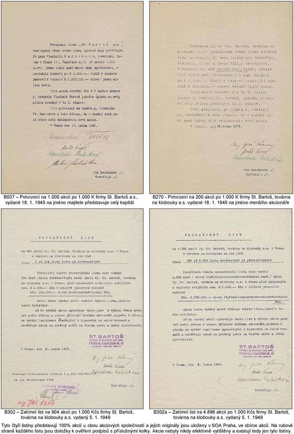 s. vydaný 5. 1. 1949 továrna na klobouky a.s. vydaný 5. 1. 1949 Tyto čtyři listiny představují 100% akcií u obou akciových společností a jejich originály jsou uloženy v SOA Praha, ve sbírce akcií.