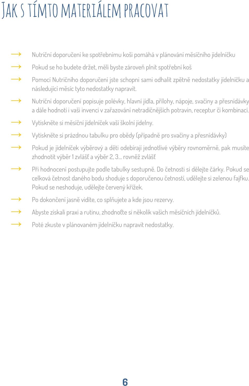 Nutriční doporučení popisuje polévky, hlavní jídla, přílohy, nápoje, svačiny a přesnídávky a dále hodnotí i vaši invenci v zařazování netradičnějších potravin, receptur či kombinací.