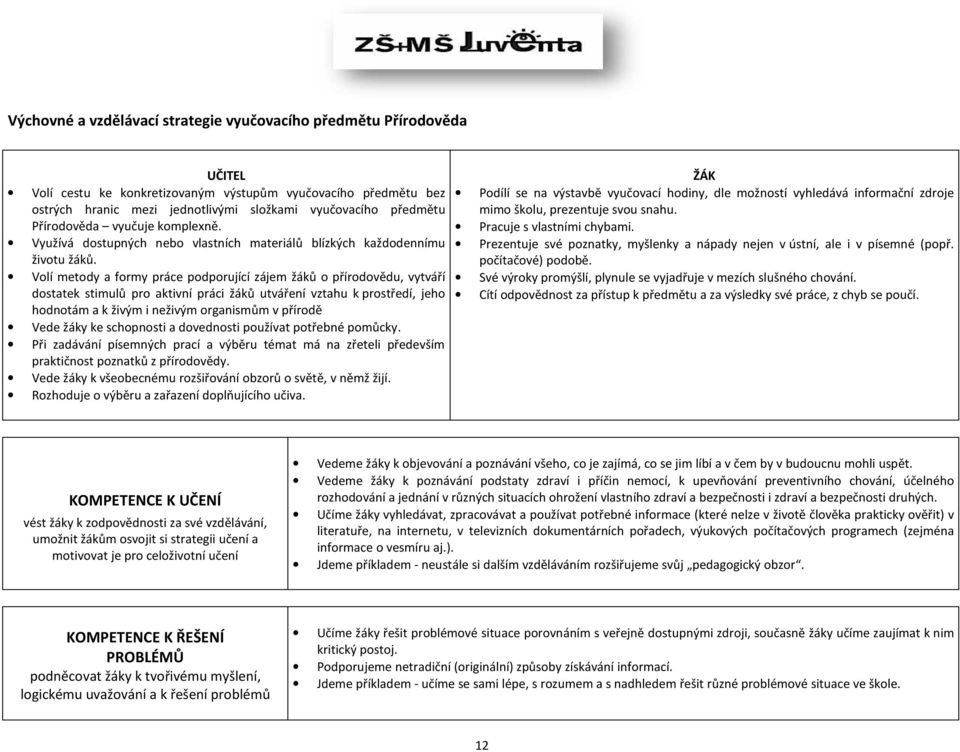 Volí metody a formy práce podporující zájem žáků o přírodovědu, vytváří dostatek stimulů pro aktivní práci žáků utváření vztahu k prostředí, jeho hodnotám a k živým i neživým organismům v přírodě