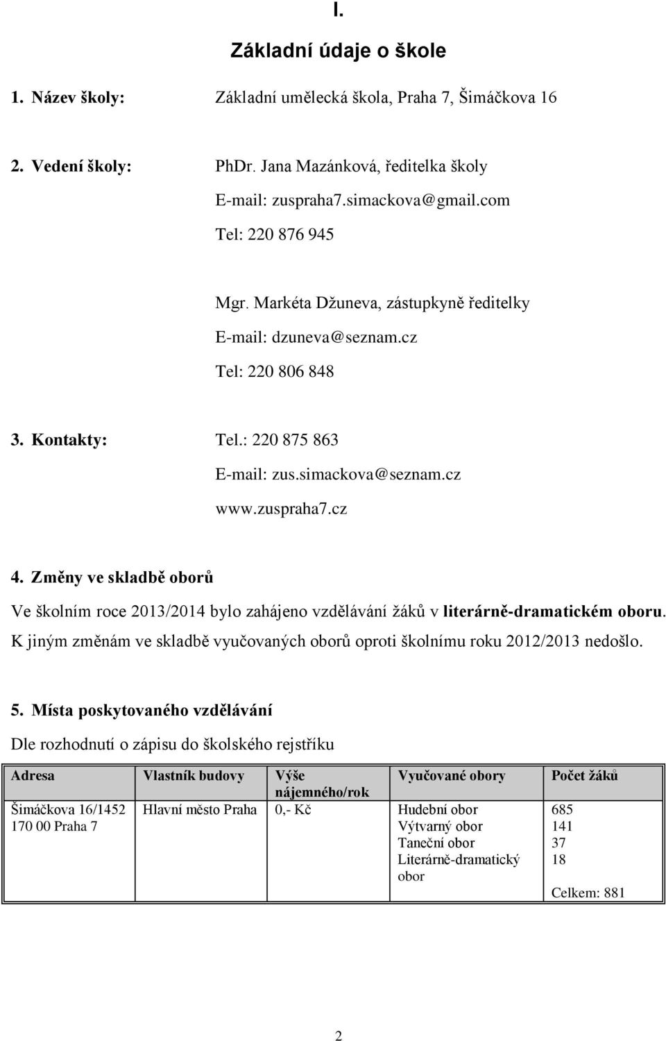 Změny ve skladbě oborů Ve školním roce 2013/2014 bylo zahájeno vzdělávání žáků v literárně-dramatickém oboru. K jiným změnám ve skladbě vyučovaných oborů oproti školnímu roku 2012/2013 nedošlo. 5.