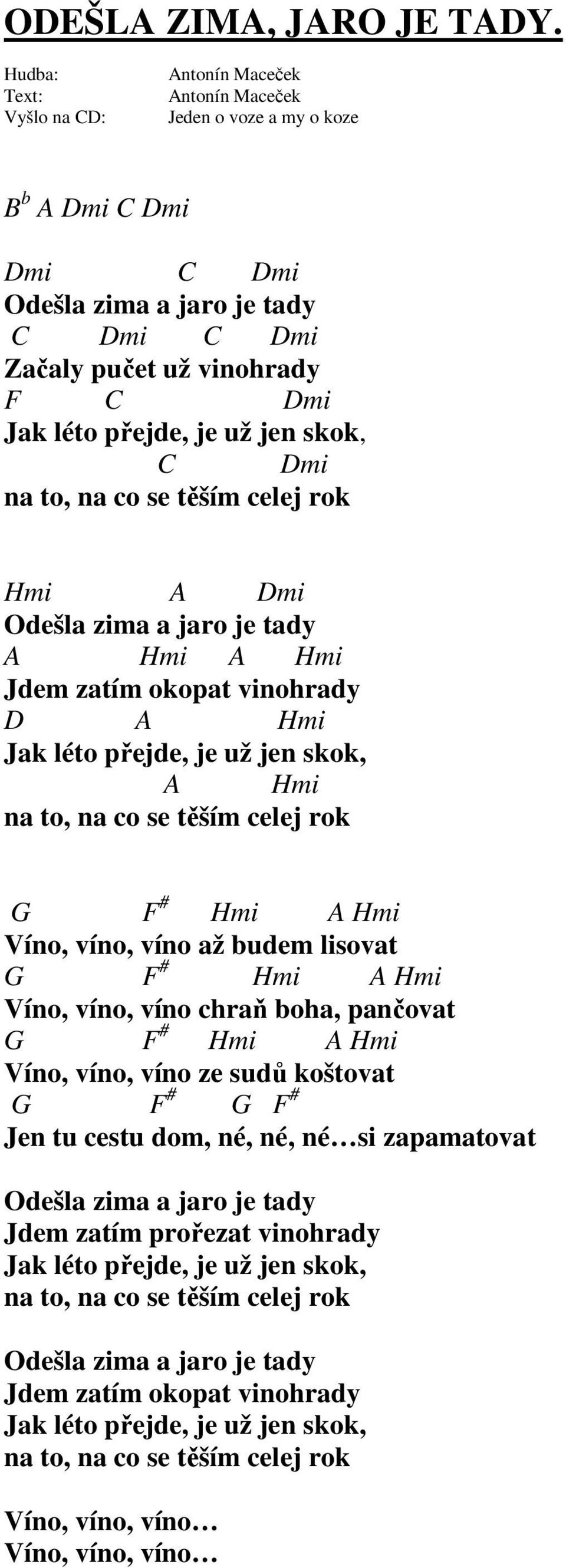 je tady A Hmi A Hmi Jdem zatím okopat vinohrady D A Hmi Jak léto přejde, je už jen skok, A Hmi na to, na co se těším celej rok G F # Hmi A Hmi Víno, víno, víno až budem lisovat G F # Hmi A Hmi Víno,