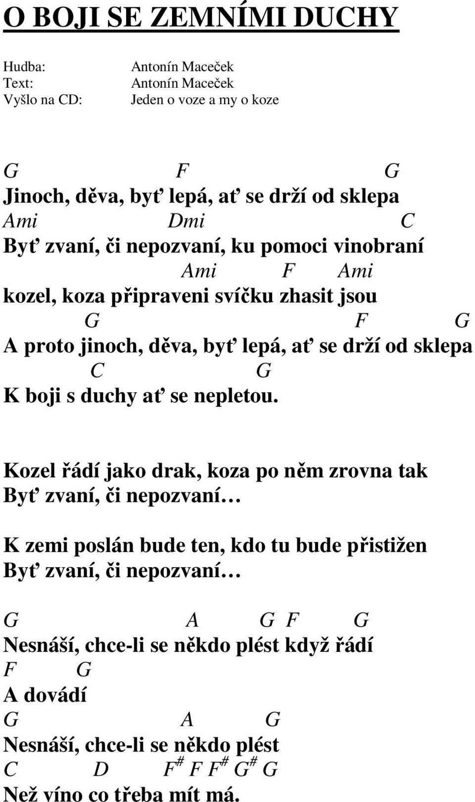 Kozel řádí jako drak, koza po něm zrovna tak Byť zvaní, či nepozvaní K zemi poslán bude ten, kdo tu bude přistižen Byť zvaní, či nepozvaní G