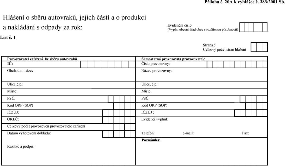 Celkový počet stran hlášení Provozovatel zařízení ke sběru autovraků Samostatná provozovna provozovatele IČ: Číslo provozovny: Obchodní název: Název