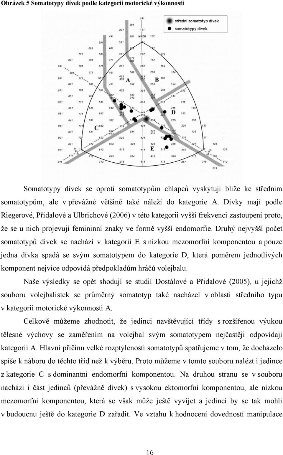 Druhý nejvyšší počet somatotypů dívek se nachází v kategorii E s nízkou mezomorfní komponentou a pouze jedna dívka spadá se svým somatotypem do kategorie D, která poměrem jednotlivých komponent