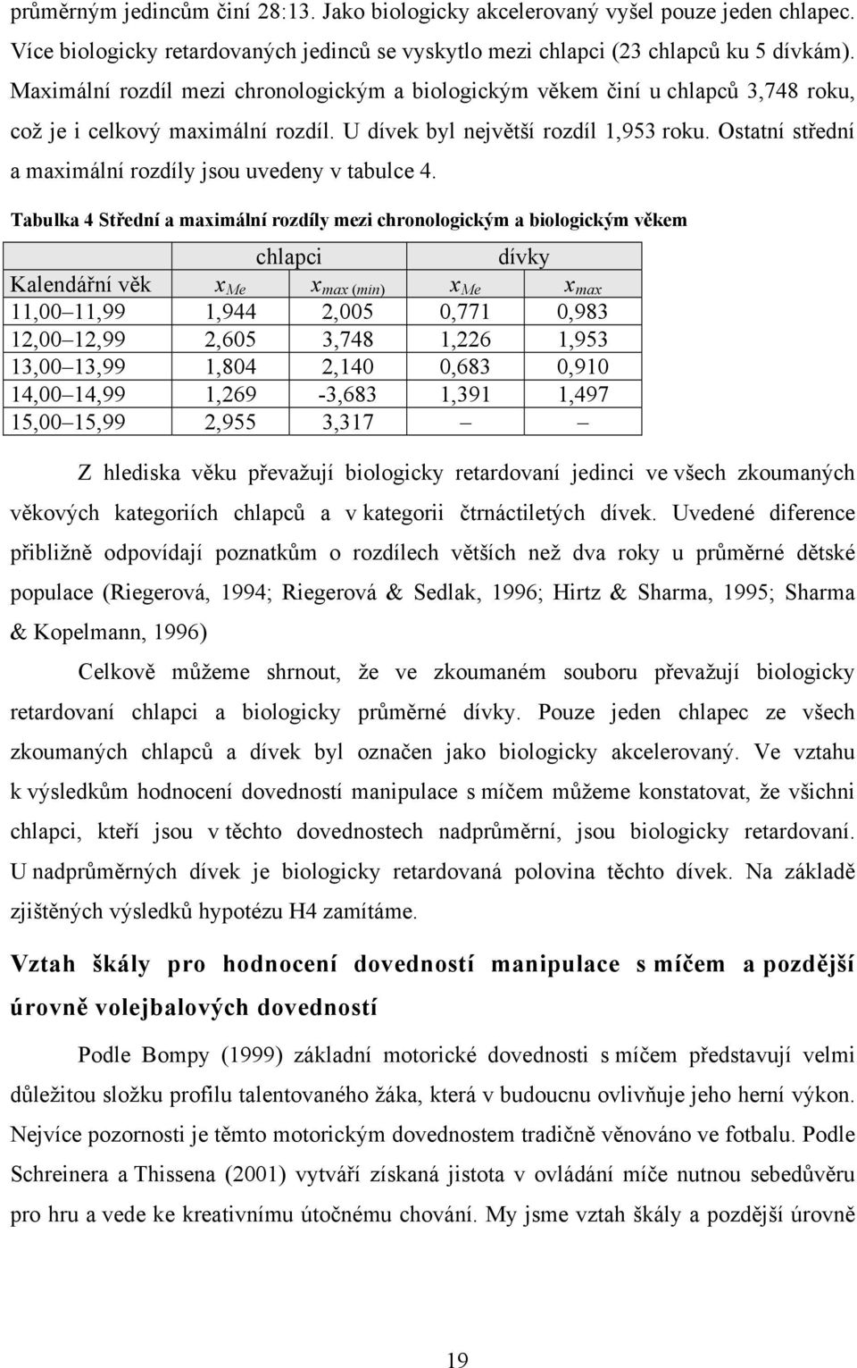 Ostatní střední a maximální rozdíly jsou uvedeny v tabulce 4.