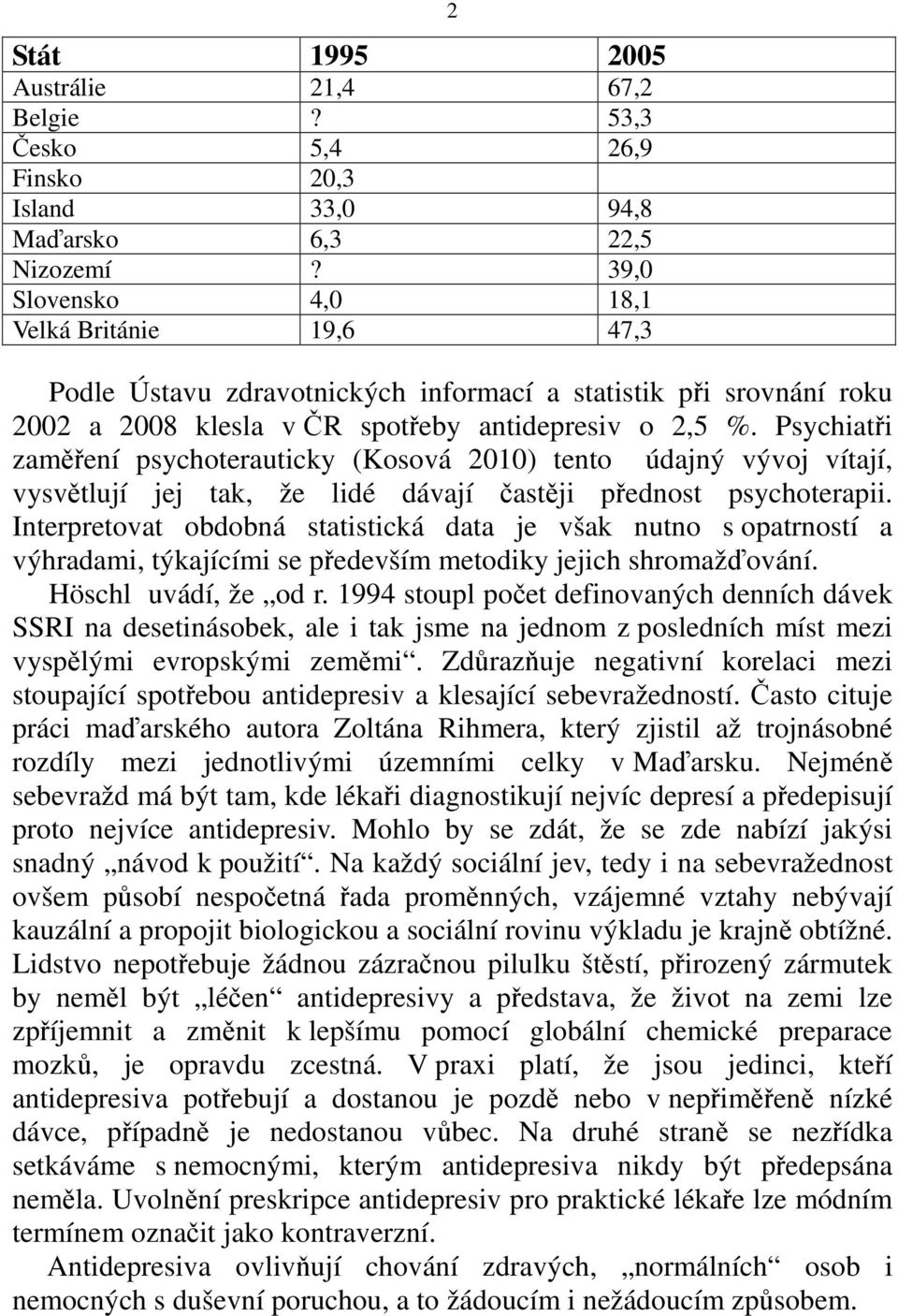 Psychiatři zaměření psychoterauticky (Kosová 2010) tento údajný vývoj vítají, vysvětlují jej tak, že lidé dávají častěji přednost psychoterapii.