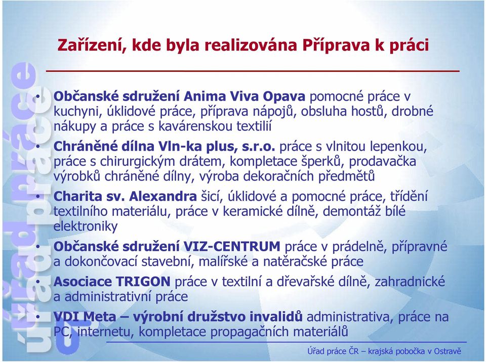 Alexandra šicí, úklidové a pomocné práce, třídění textilního materiálu, práce v keramické dílně, demontáž bílé elektroniky Občanské sdružení VIZ-CENTRUM práce v prádelně, přípravné a dokončovací