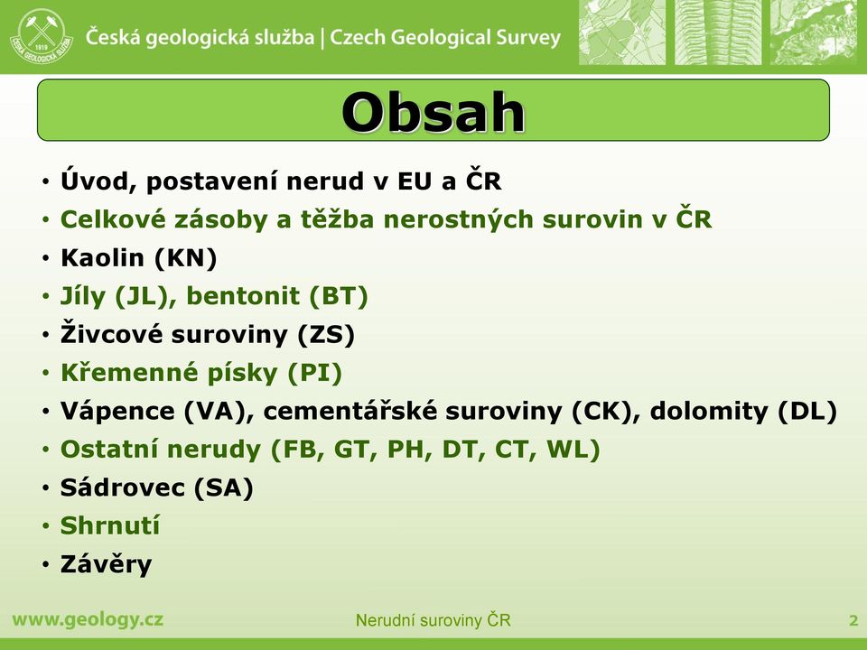 Křemenné písky (PI) Vápence (VA), cementářské suroviny (CK), dolomity