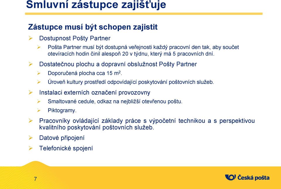 Úroveň kultury prostředí odpovídající poskytování poštovních služeb. Instalaci externích označení provozovny Smaltované cedule, odkaz na nejbližší otevřenou poštu.