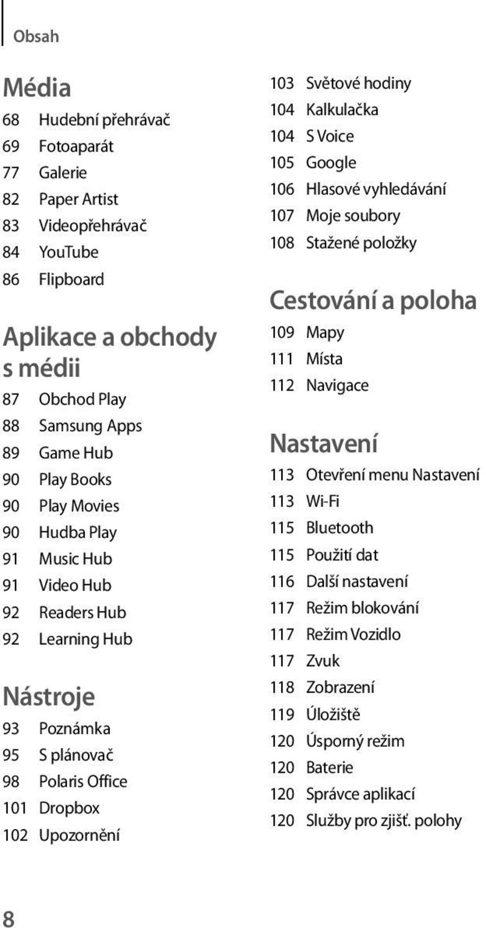 Kalkulačka 104 S Voice 105 Google 106 Hlasové vyhledávání 107 Moje soubory 108 Stažené položky Cestování a poloha 109 Mapy 111 Místa 112 Navigace Nastavení 113 Otevření menu Nastavení 113 Wi-Fi