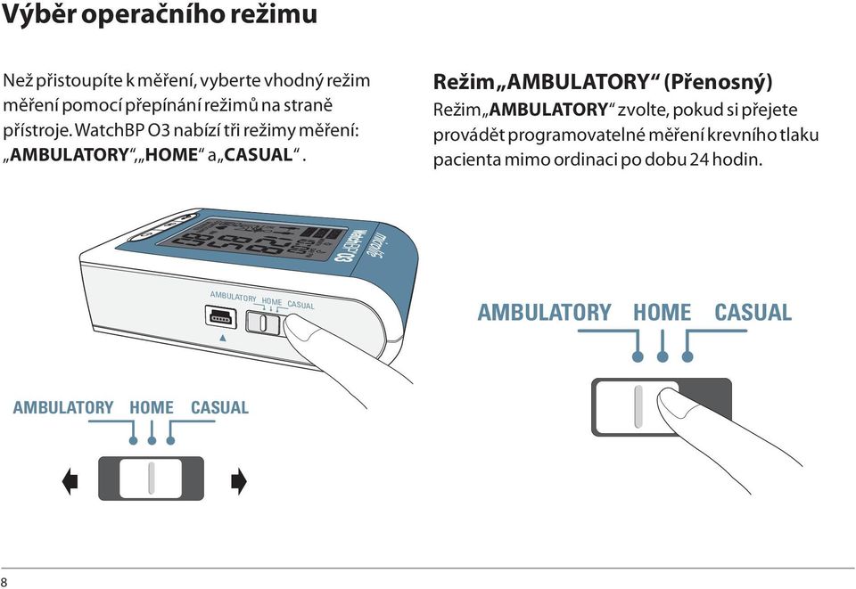 WatchBP O3 nabízí tři režimy měření: AMBULATORY, HOME a CASUAL.