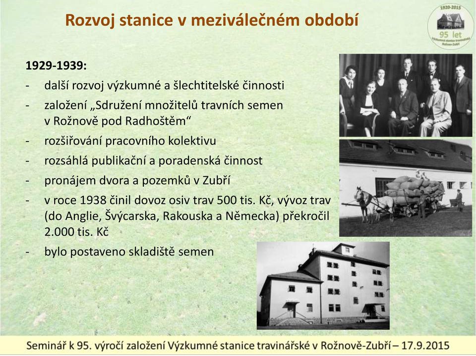 publikační a poradenská činnost - pronájem dvora a pozemků v Zubří - v roce 1938 činil dovoz osiv trav 500