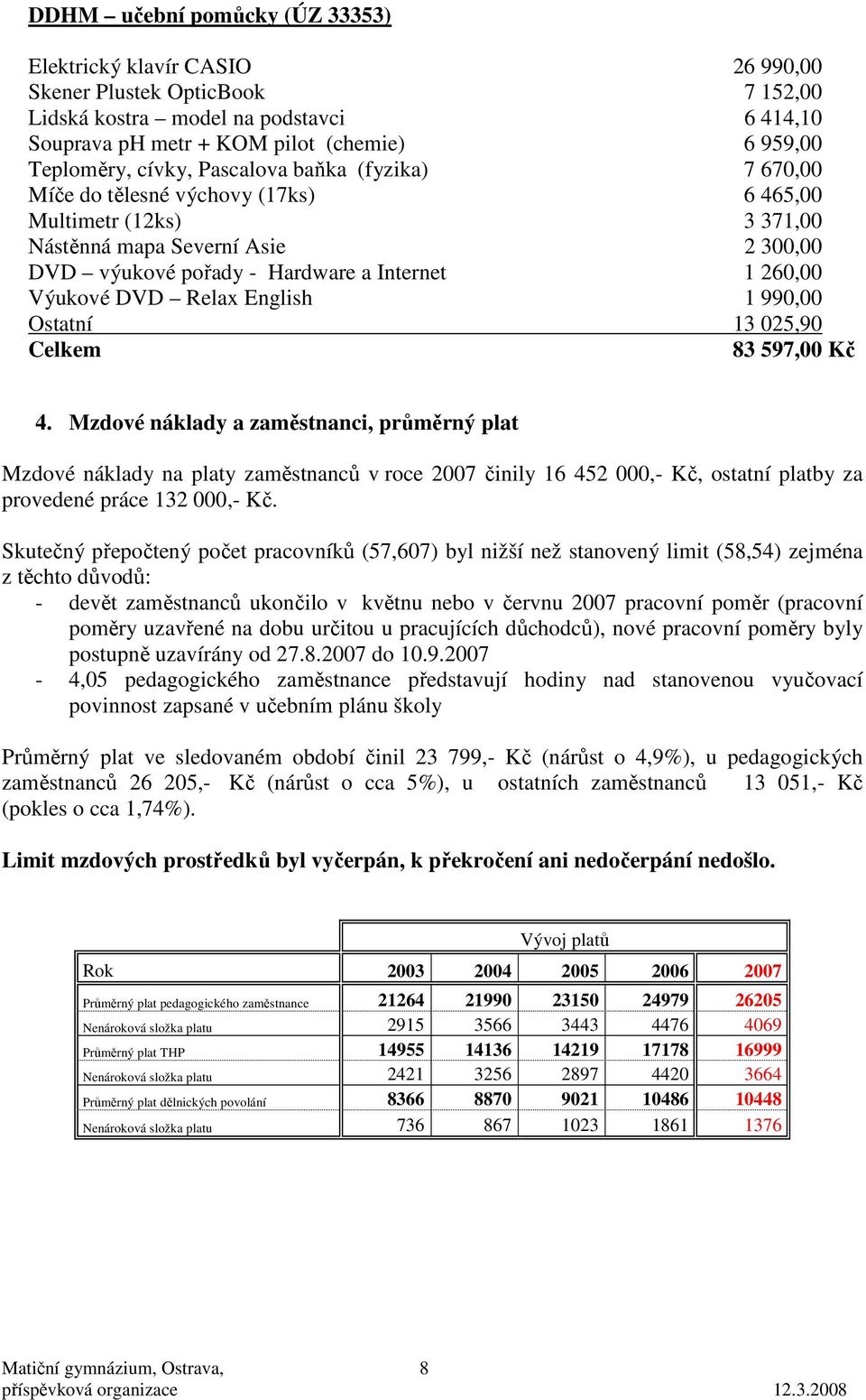 99, Ostatní 13 25,9 Celkem 83 597, Kč 4. Mzdové náklady a zaměstnanci, průměrný plat Mzdové náklady na platy zaměstnanců v roce 27 činily 16 452,- Kč, ostatní platby za provedené práce 132,- Kč.