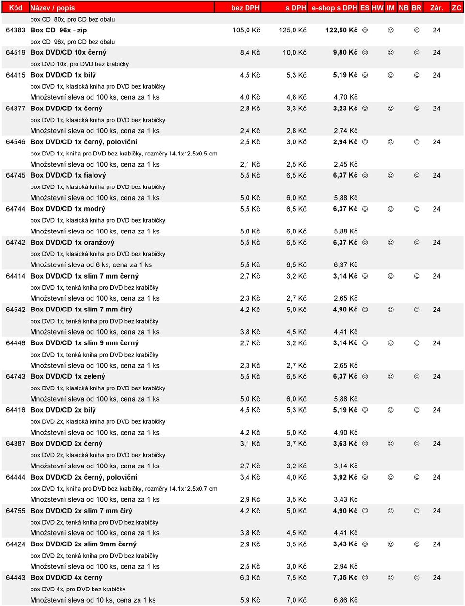 černý 2,8 Kč 3,3 Kč 3,23 Kč J J J 24 box DVD 1x, klasická kniha pro DVD bez krabičky Množstevní sleva od 100 ks, cena za 1 ks 2,4 Kč 2,8 Kč 2,74 Kč 64546 Box DVD/CD 1x černý, poloviční 2,5 Kč 3,0 Kč