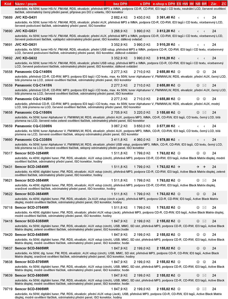 ekvalizér, přední AUX, přehrává MP3 a WMA, podpora CD-R, CD-RW, ID3 tagů i CD textu, vícebarevný LCD, červené podsvícení tlačítek, odnímatelný přední panel, ISO konektor 3 268,9 Kč 3 890,0 Kč 3