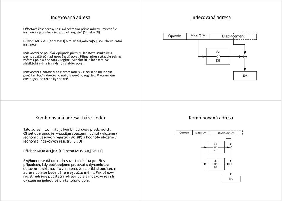 Přímá adresa ukazuje pak na začátek pole a hodnota v registru SI nebo DI je indexem (ve slabikách) vybírajícím danou slabiku pole.