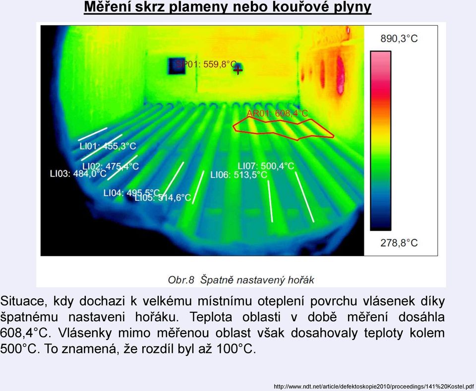 Teplota oblasti v době měření dosáhla 608,4 C.