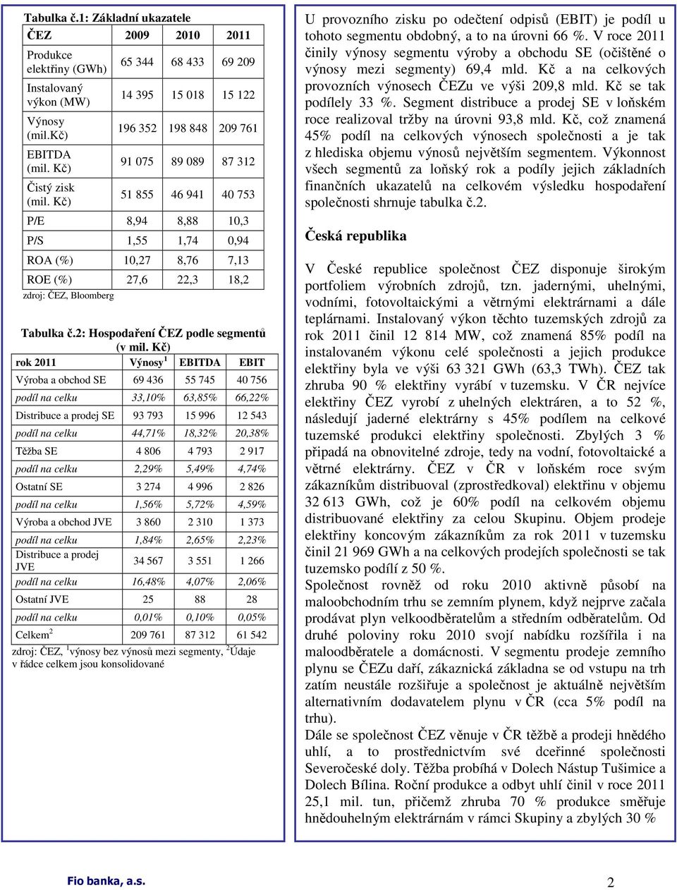 zdroj: ČEZ, Bloomberg Tabulka č.2: Hospodaření ČEZ podle segmentů (v mil.