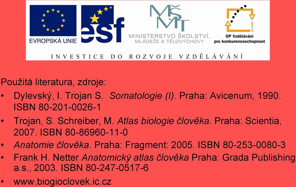 ISBN 80-86960-11-0 Anatomie člověka. Praha: Fragment: 2005. ISBN 80-253-0080-3 Frank H.