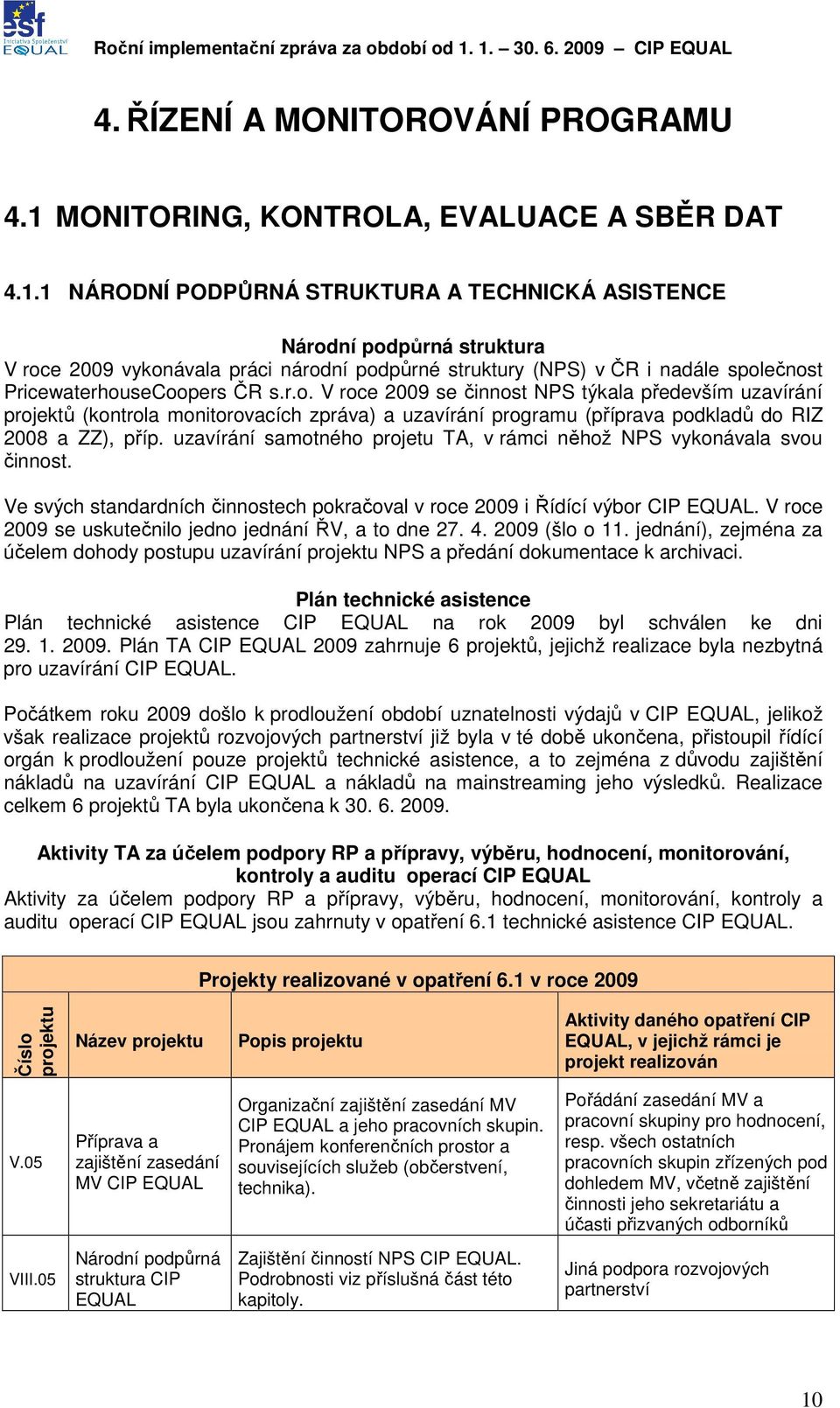 r.o. V roce 2009 se činnost NPS týkala především uzavírání projektů (kontrola monitorovacích zpráva) a uzavírání programu (příprava podkladů do RIZ 2008 a ZZ), příp.