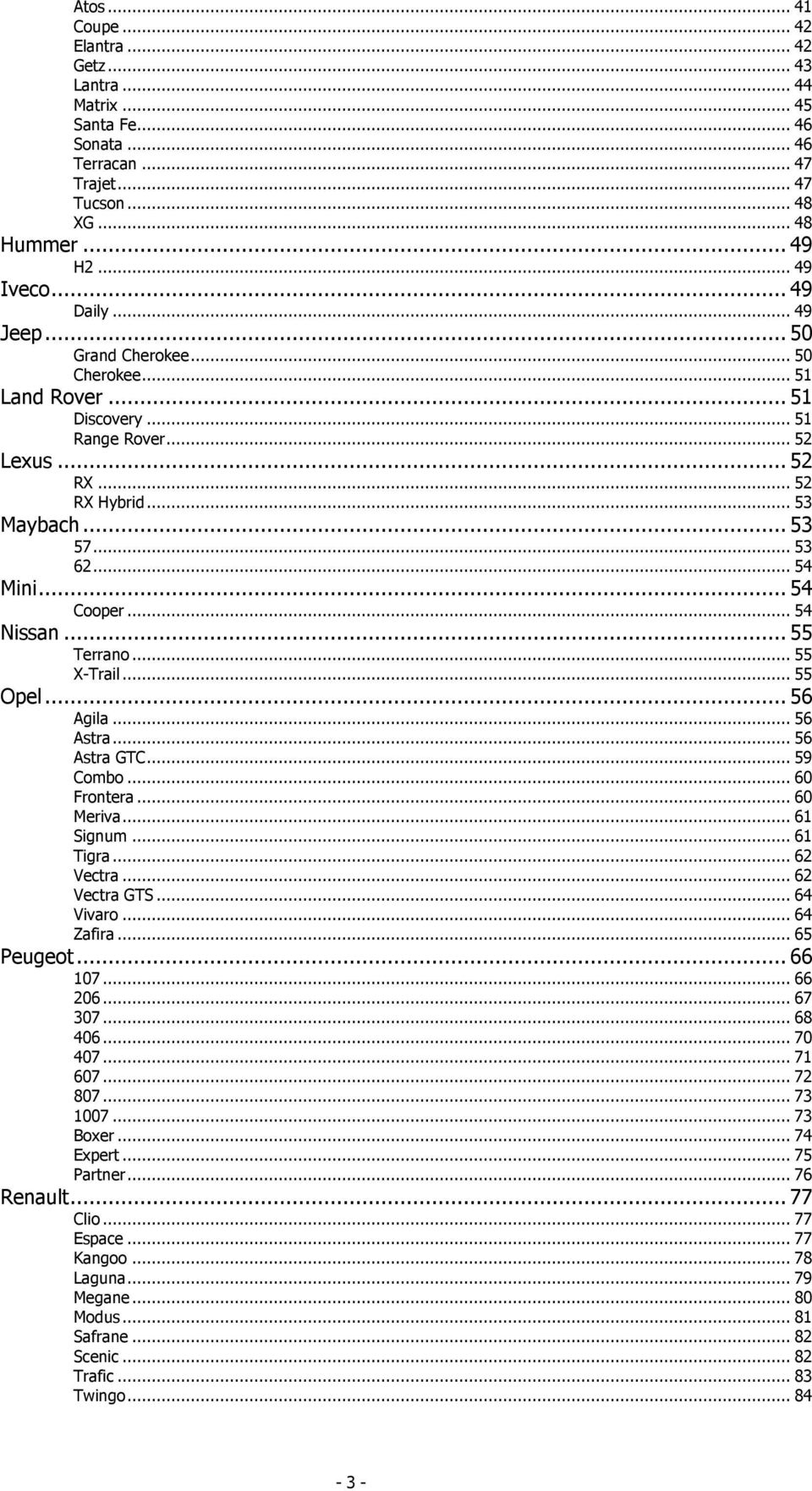 .. 54 Nissan... 55 Terrano... 55 X-Trail... 55 Opel... 56 Agila... 56 Astra... 56 Astra GTC... 59 Combo... 60 Frontera... 60 Meriva... 61 Signum... 61 Tigra... 62 Vectra... 62 Vectra GTS... 64 Vivaro.