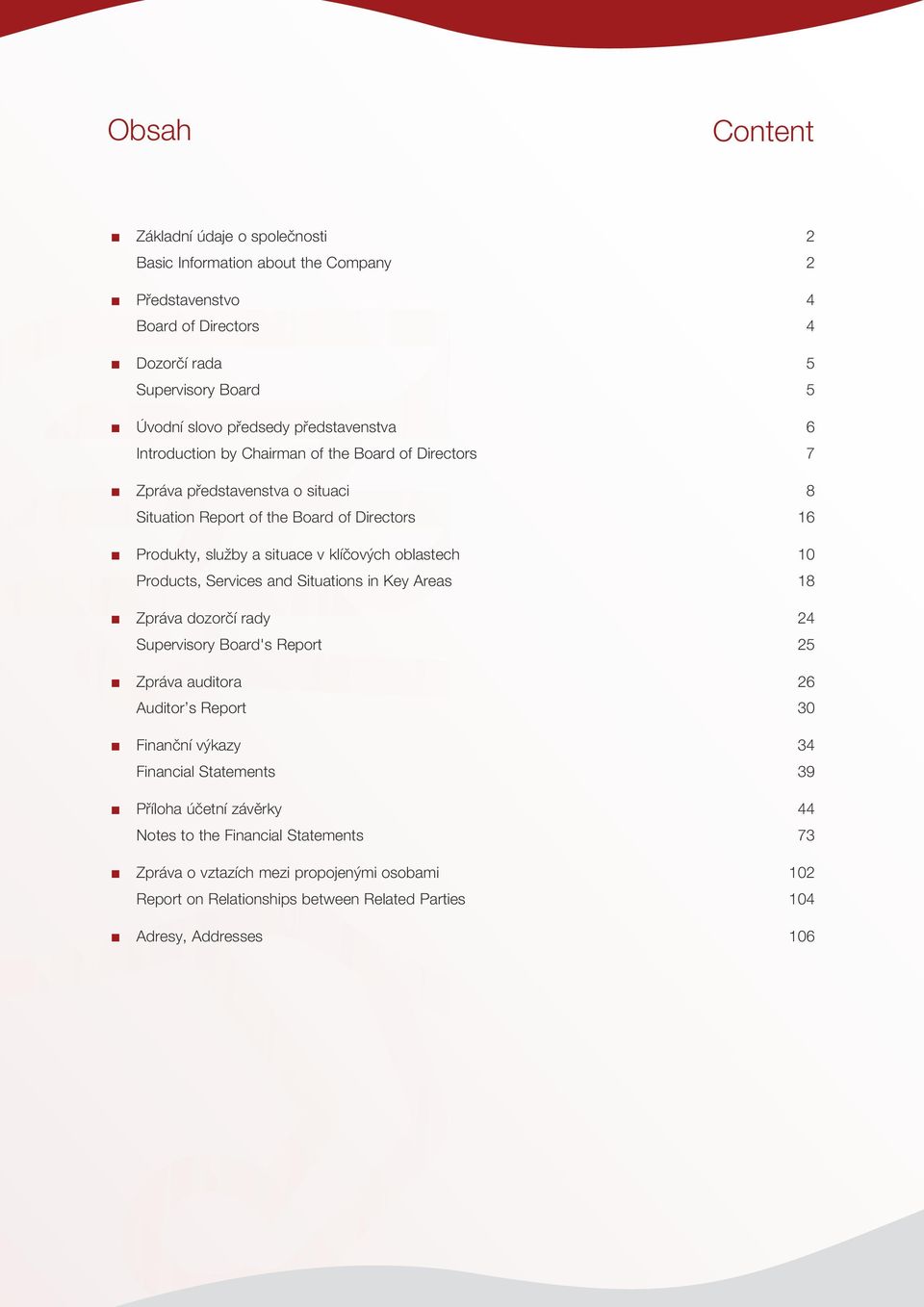 oblastech 10 Products, Services and Situations in Key Areas 18 n Zpráva dozorčí rady 24 Supervisory Board's Report 25 n Zpráva auditora 26 Auditor s Report 30 n Finanční výkazy 34 Financial