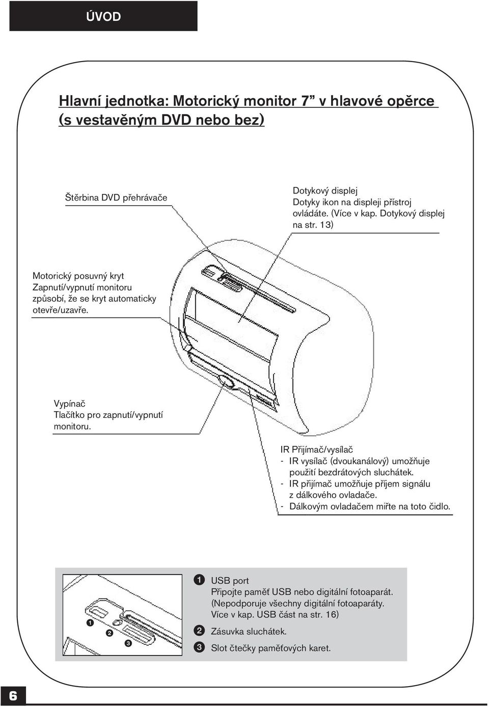 IR Přijímač/vysílač - IR vysílač (dvoukanálový) umožňuje použití bezdrátových sluchátek. - IR přijímač umožňuje příjem signálu z dálkového ovladače.