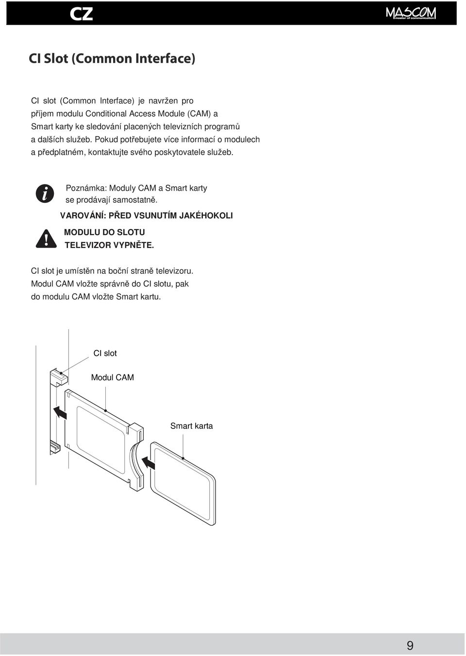 Poznámka: Moduly CAM a Smart karty se prodávají samostatn. VAROVÁNÍ: PED VSUNUTÍM JAKÉHOKOLI MODULU DO SLOTU TELEVIZOR VYPNTE.