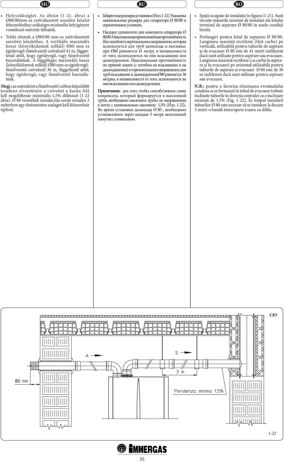 A függőleges maximális hossz (könyökidomok nélkül) Ø80 mm-es égéslevegőfüstelvezető csöveknél 36 m, függetlenül attól, hogy égéslevegő, vagy füstelvezető használatúak. Megj.