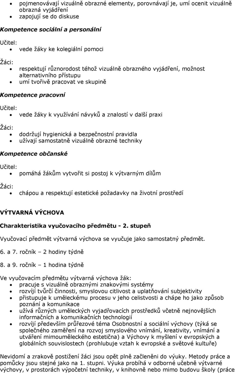 hygienická a bezpečnostní pravidla užívají samostatně vizuálně obrazné techniky Kompetence občanské pomáhá žákům vytvořit si postoj k výtvarným dílům chápou a respektují estetické požadavky na