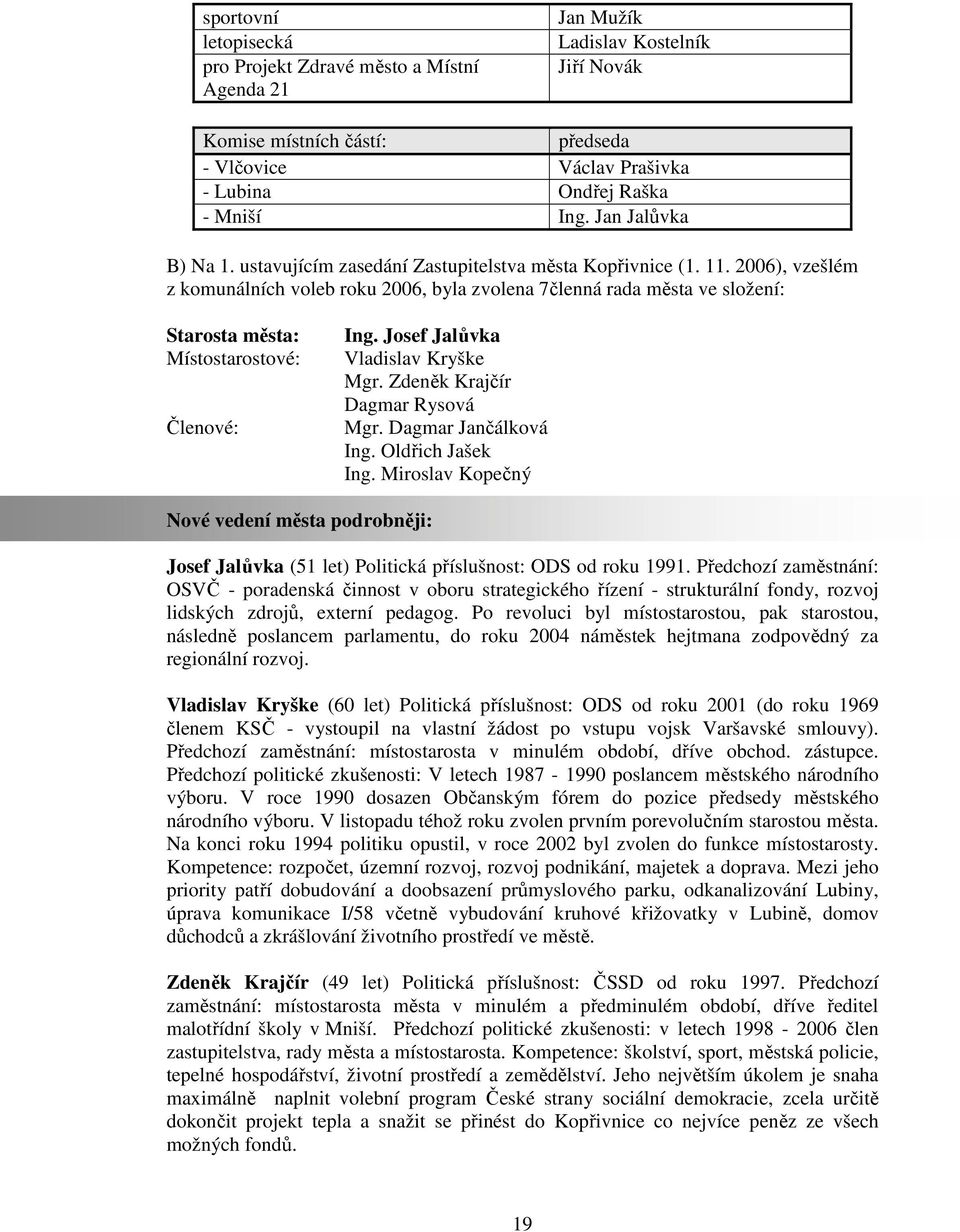 2006), vzešlém z komunálních voleb roku 2006, byla zvolena 7členná rada města ve složení: Starosta města: Místostarostové: Členové: Ing. Josef Jalůvka Vladislav Kryške Mgr.