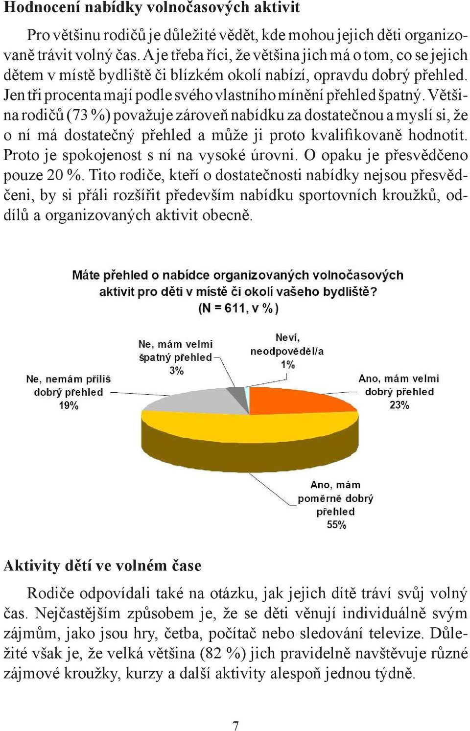 Většina rodičů (73 %) považuje zároveň nabídku za dostatečnou a myslí si, že o ní má dostatečný přehled a může ji proto kvalifikovaně hodnotit. Proto je spokojenost s ní na vysoké úrovni.