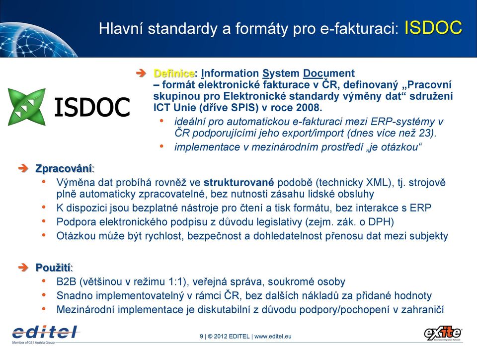 implementace v mezinárodním prostředí je otázkou Zpracování: Výměna dat probíhá rovněž ve strukturované podobě (technicky XML), tj.