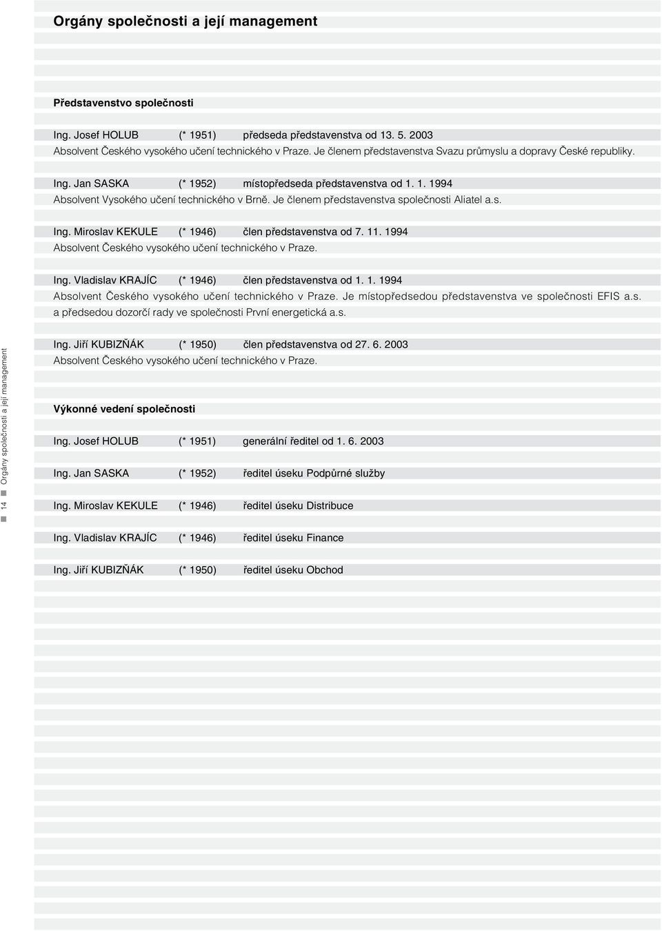 Je členem představenstva společnosti Aliatel a.s. Ing. Miroslav KEKULE (* 1946) člen představenstva od 7. 11. 1994 Absolvent Českého vysokého učení technického v Praze. Ing. Vladislav KRAJÍC (* 1946) člen představenstva od 1.