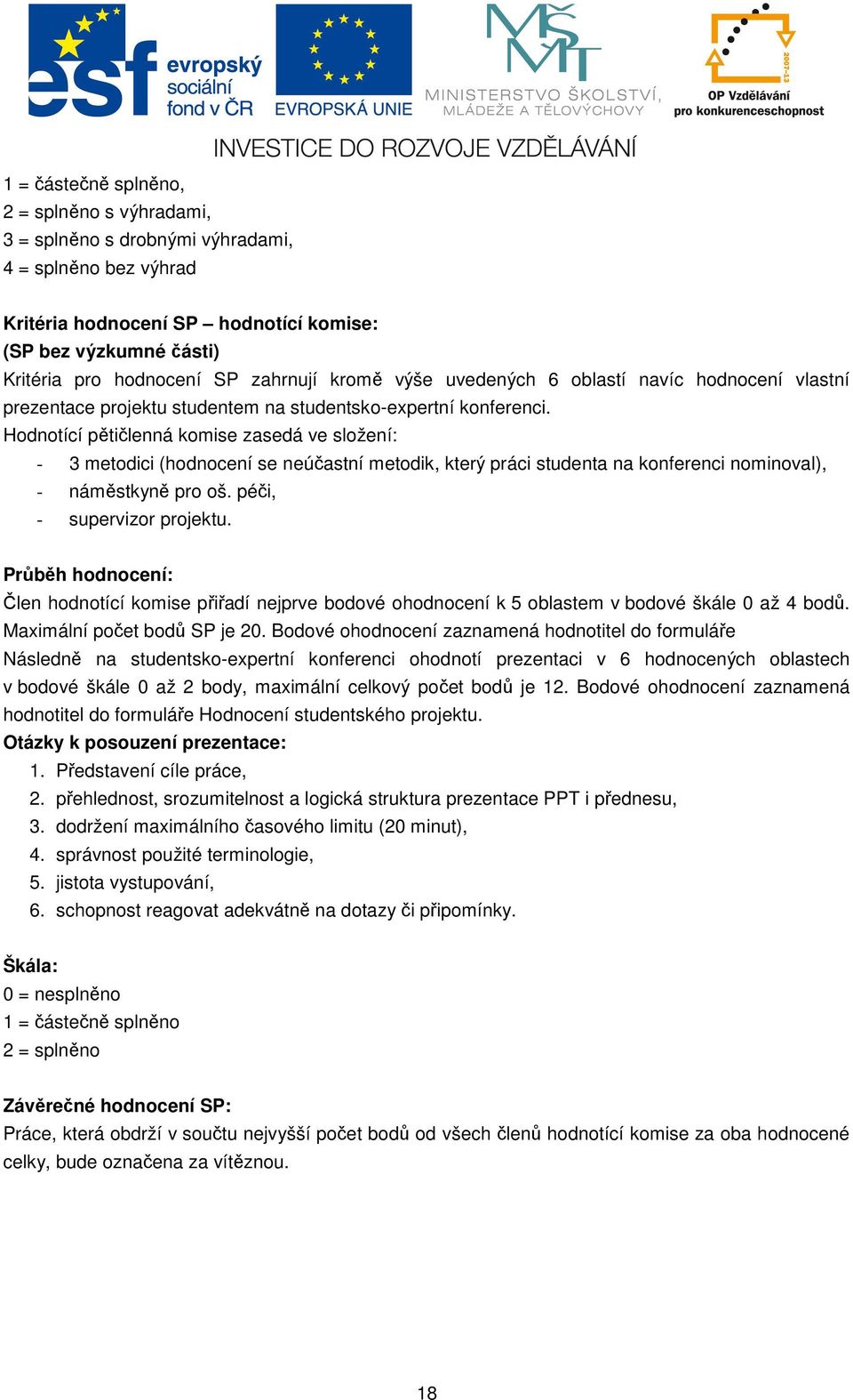 Hodnotící pětičlenná komise zasedá ve složení: - 3 metodici (hodnocení se neúčastní metodik, který práci studenta na konferenci nominoval), - náměstkyně pro oš. péči, - supervizor projektu.