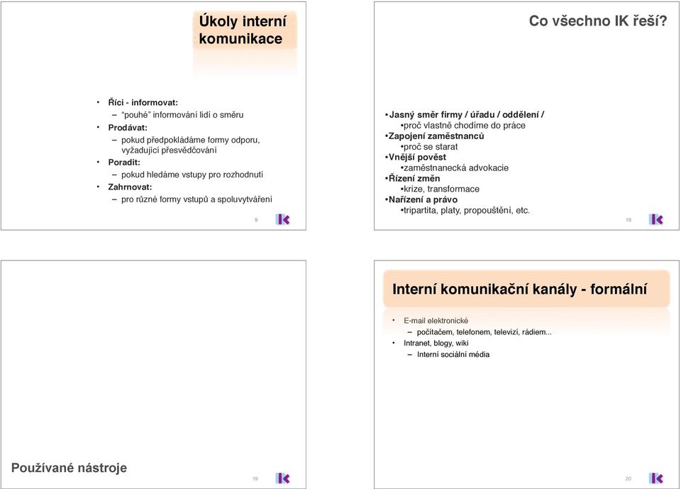 Zahrnovat: pro různé formy vstupů a spoluvytváření 9 Jasný směr firmy / úřadu / oddělení / proč vlastně chodíme do práce Zapojení zaměstnanců proč se starat Vnější