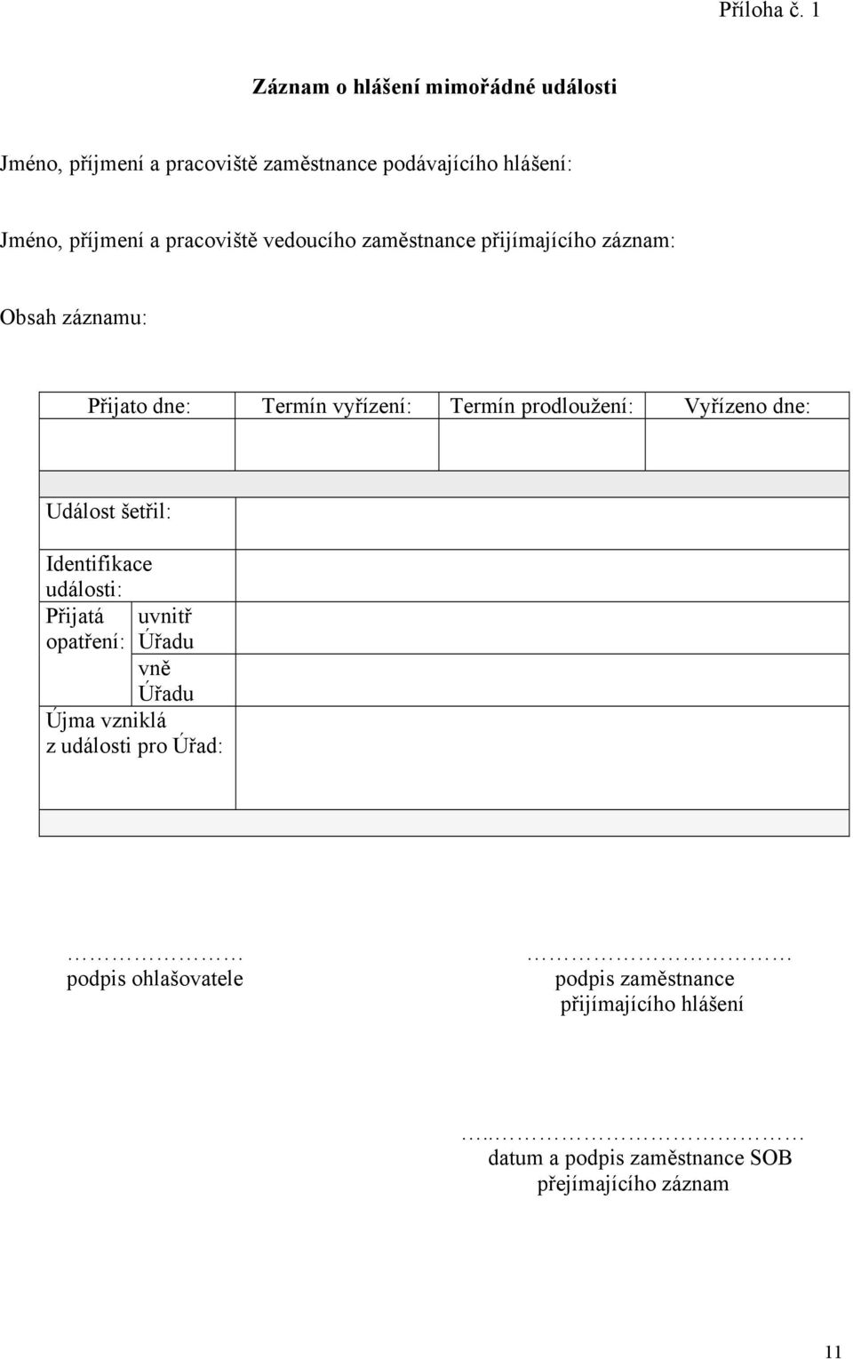 pracoviště vedoucího zaměstnance přijímajícího záznam: Obsah záznamu: Přijato dne: Termín vyřízení: Termín prodloužení: