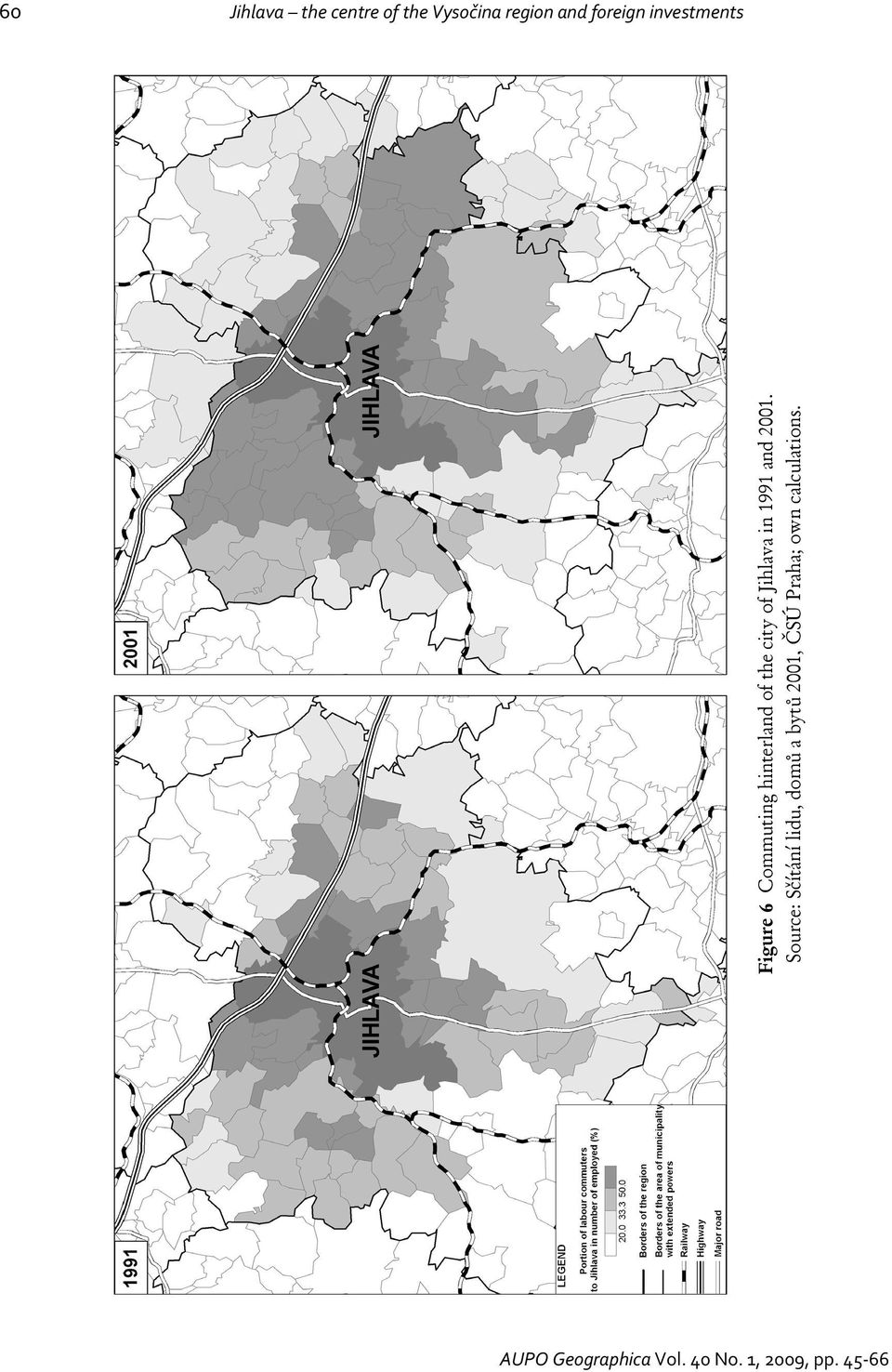 of the city of Jihlava in 1991 and 2001.