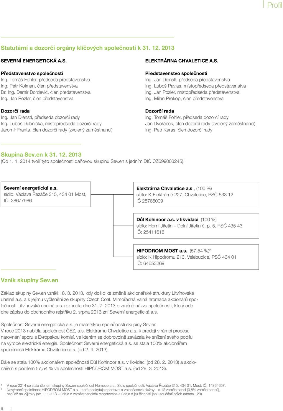 Luboš Dubnička, místopředseda dozorčí rady Jaromír Franta, člen dozorčí rady (zvolený zaměstnanci) ELEKTRÁRNA CHVALETICE A.S. Představenstvo společnosti Ing. Jan Dienstl, předseda představenstva Ing.