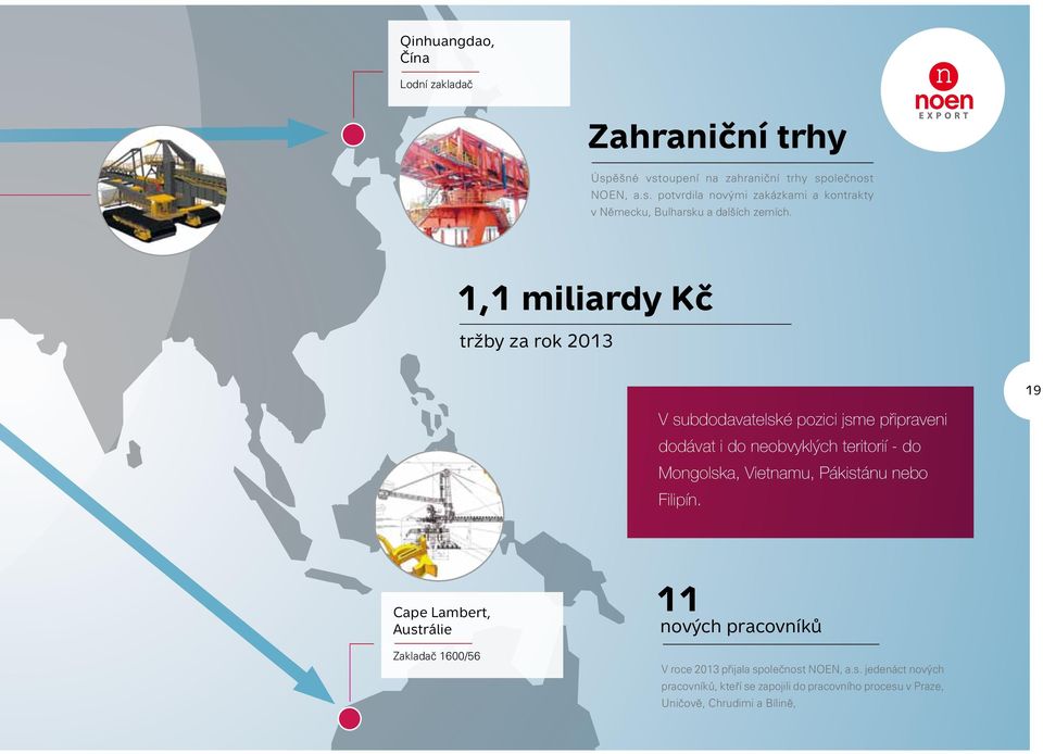 Pákistánu nebo Filipín. Cape Lambert, Austrálie Zakladač 1600/56 11 nových pracovníků V roce 2013 přijala společnost NOEN, a.s. jedenáct nových pracovníků, kteří se zapojili do pracovního procesu v Praze, Uničově, Chrudimi a Bílině,