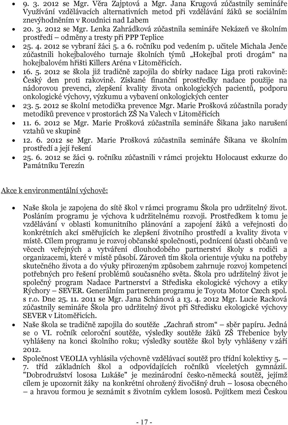 16. 5. 2012 se škola již tradičně zapojila do sbírky nadace Liga proti rakovině: Český den proti rakovině.