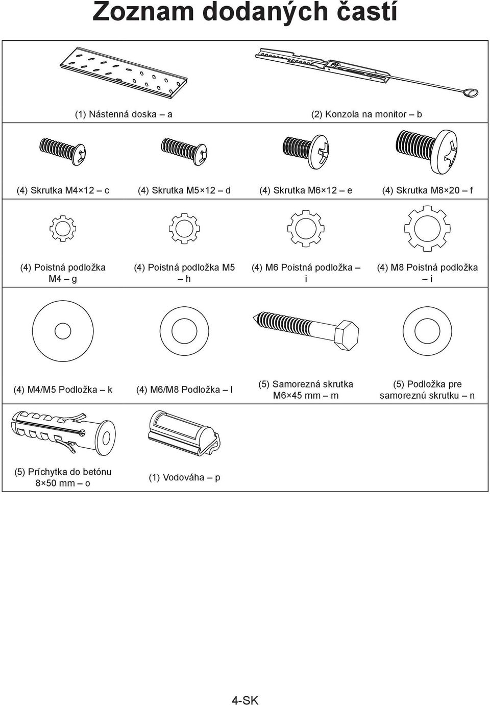 Poistná podložka i (4) M8 Poistná podložka i (4) M4/M5 Podložka k (4) M6/M8 Podložka l (5) Samorezná