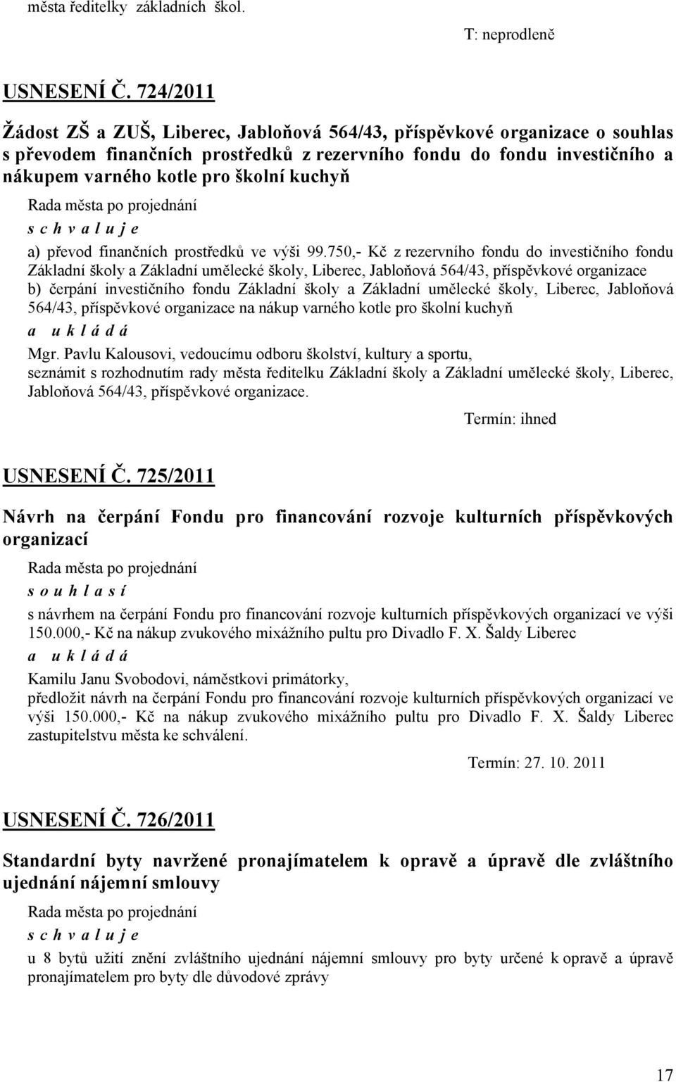 kuchyň schvaluje a) převod finančních prostředků ve výši 99.