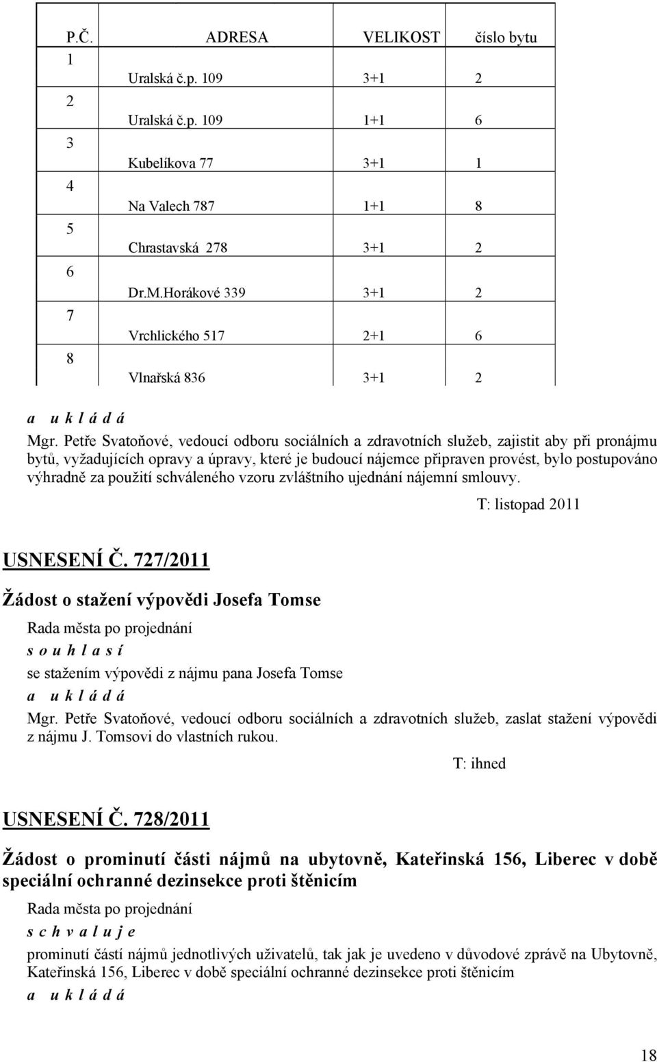 Petře Svatoňové, vedoucí odboru sociálních a zdravotních služeb, zajistit aby při pronájmu bytů, vyžadujících opravy a úpravy, které je budoucí nájemce připraven provést, bylo postupováno výhradně za