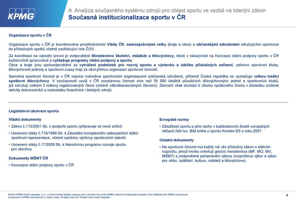 Za koordinaci na národní úrovni je zodpovědné Ministerstvo školství, mládeže a tělovýchovy, které v návaznosti na Koncepci státní podpory sportu v ČR každoročně zpracovává a vyhlašuje programy státní