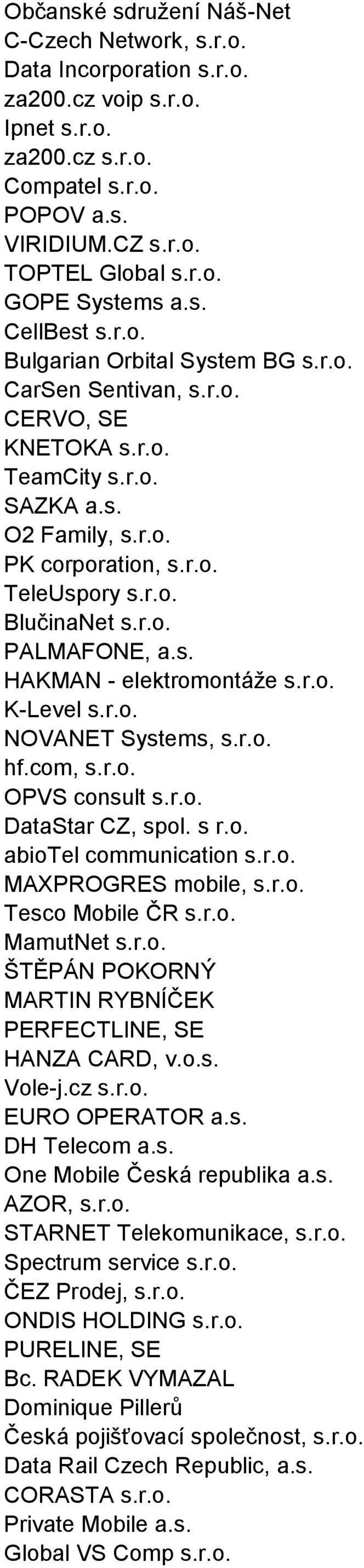 r.o. PALMAFONE, a.s. HAKMAN - elektromontáže s.r.o. K-Level s.r.o. NOVANET Systems, s.r.o. hf.com, s.r.o. OPVS consult s.r.o. DataStar CZ, spol. s r.o. abiotel communication s.r.o. MAXPROGRES mobile, s.