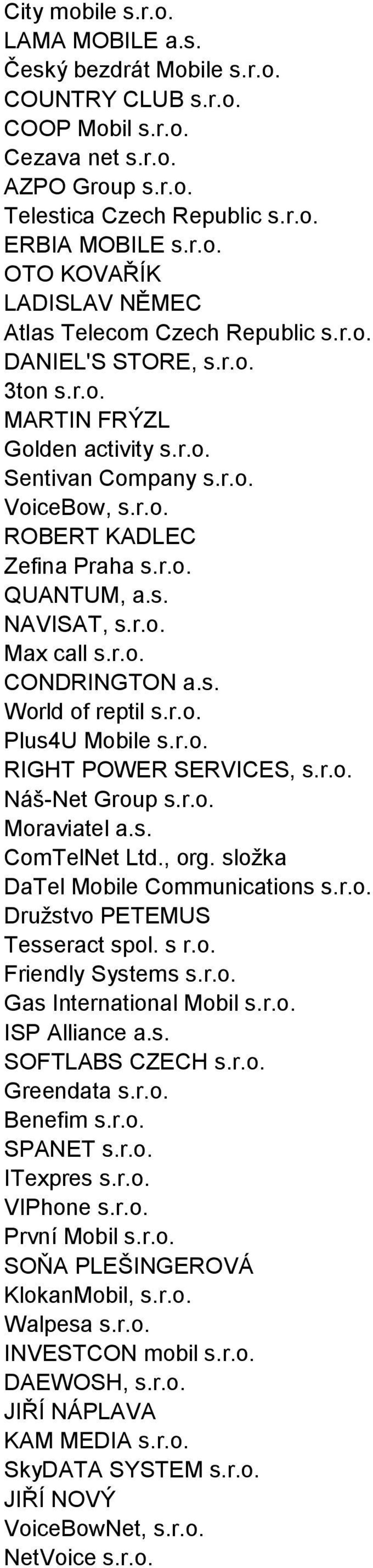 s. World of reptil s.r.o. Plus4U Mobile s.r.o. RIGHT POWER SERVICES, s.r.o. Náš-Net Group s.r.o. Moraviatel a.s. ComTelNet Ltd., org. složka DaTel Mobile Communications s.r.o. Družstvo PETEMUS Tesseract spol.